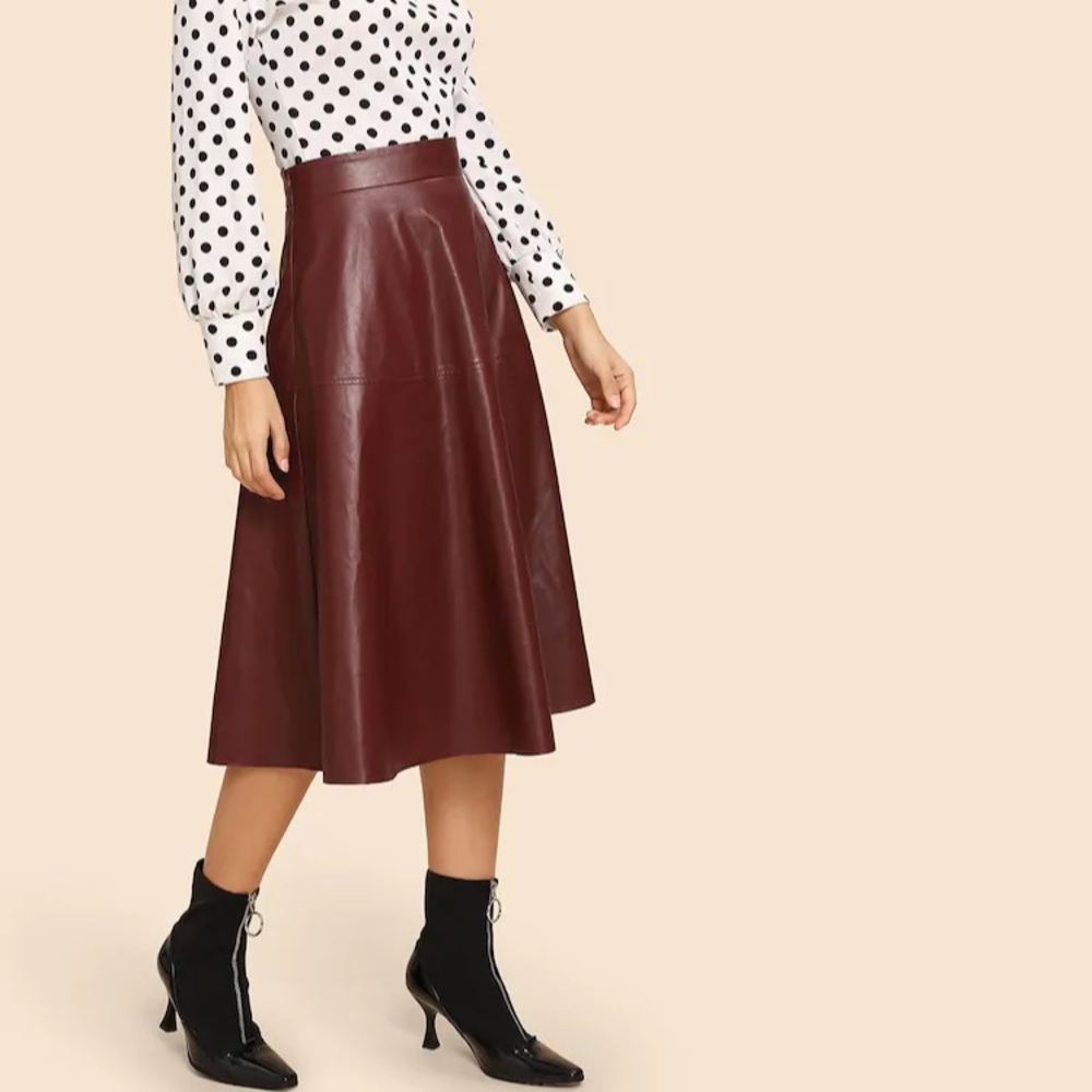 High-Waist A-Line Faux Leather Midi Skirt - Deep Wine